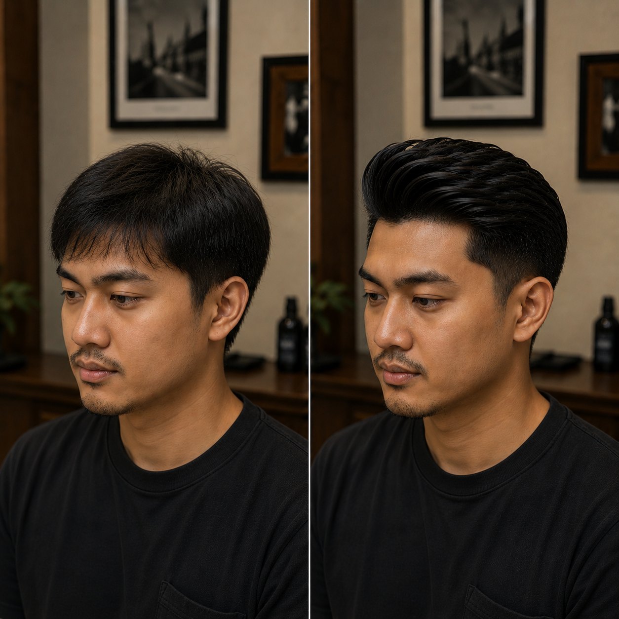 Hasil sebelum dan selepas — rambut lebih kemas dan bergaya
