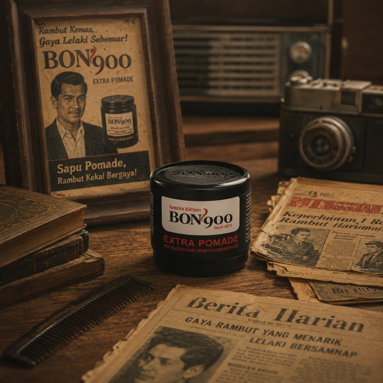 BON 900 Extra Pomade dengan iklan klasik dan akhbar lama